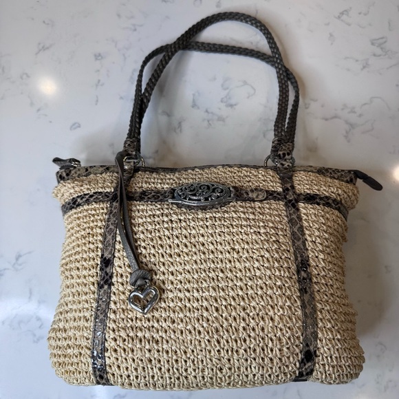 BRIGHTON Crochet Medium Tote Bag Straw/Jute Purse-Snake Print Leather